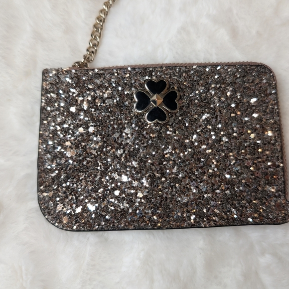 Kate Spade Glitter Card Holder Coin Purse Keychain Silver Black - Picture 1 of 5
